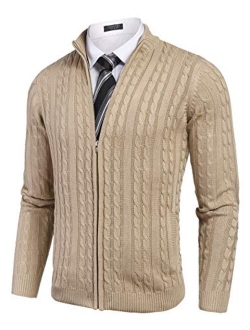 Men's Full Zip Cardigan Sweater Slim Fit Cable Knitted Zip Up Sweater with Pockets