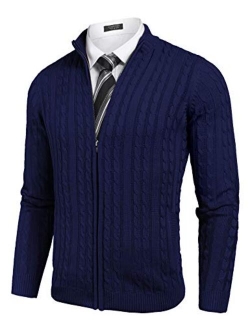 Men's Full Zip Cardigan Sweater Slim Fit Cable Knitted Zip Up Sweater with Pockets