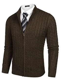 Men's Full Zip Cardigan Sweater Slim Fit Cable Knitted Zip Up Sweater with Pockets