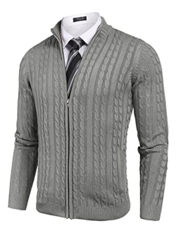 Men's Full Zip Cardigan Sweater Slim Fit Cable Knitted Zip Up Sweater with Pockets