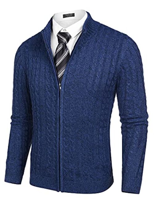 COOFANDY Men's Full Zip Cardigan Sweater Slim Fit Cable Knitted Zip Up Sweater with Pockets