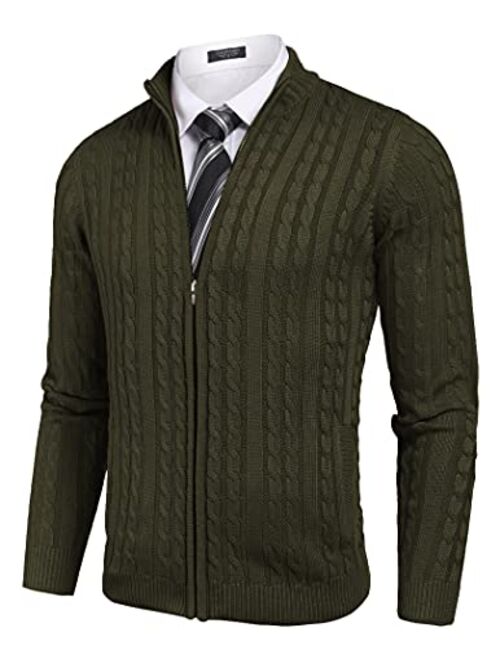 COOFANDY Men's Full Zip Cardigan Sweater Slim Fit Cable Knitted Zip Up Sweater with Pockets