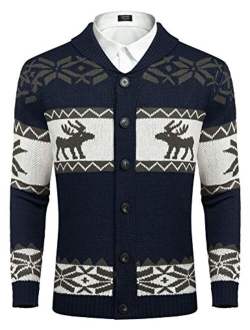 Mens Christmas Cardigan Sweater Shawl Collar Knitted Xmas Cardigans Button Up Knitwear