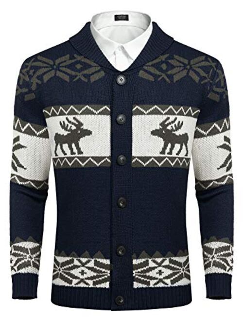 COOFANDY Mens Christmas Cardigan Sweater Shawl Collar Knitted Xmas Cardigans Button Up Knitwear