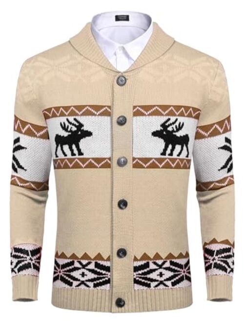 COOFANDY Mens Christmas Cardigan Sweater Shawl Collar Knitted Xmas Cardigans Button Up Knitwear