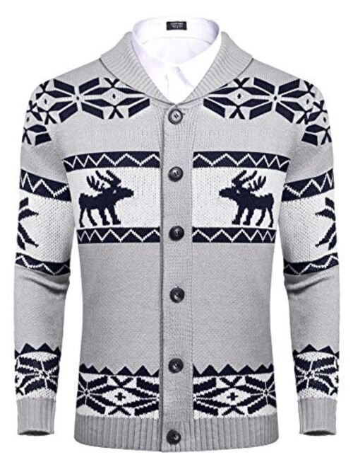 COOFANDY Mens Christmas Cardigan Sweater Shawl Collar Knitted Xmas Cardigans Button Up Knitwear