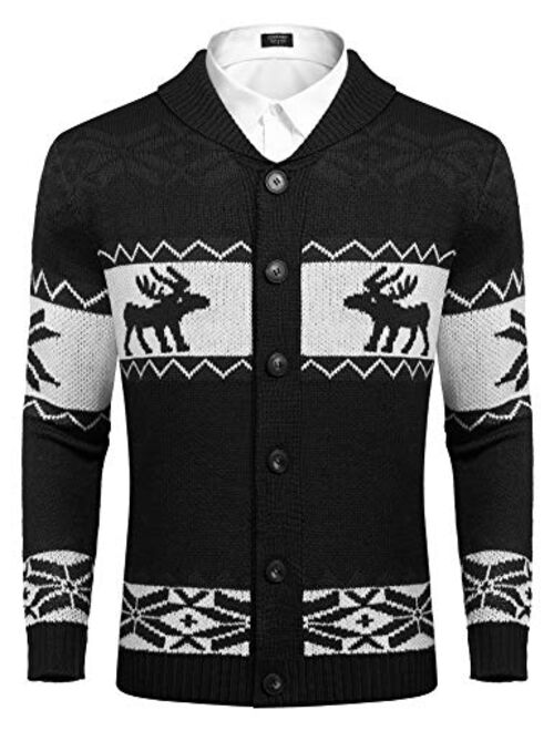 COOFANDY Mens Christmas Cardigan Sweater Shawl Collar Knitted Xmas Cardigans Button Up Knitwear