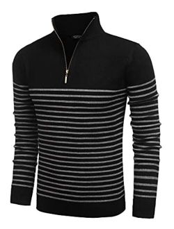 Mens Striped Zip Up Mock Neck Polo Sweater Casual Slim Fit Ribbed Pullover Sweaters
