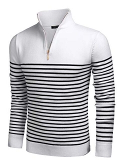 Mens Striped Zip Up Mock Neck Polo Sweater Casual Slim Fit Ribbed Pullover Sweaters