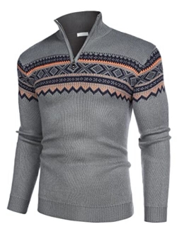 Mens Striped Zip Up Mock Neck Polo Sweater Casual Slim Fit Ribbed Pullover Sweaters