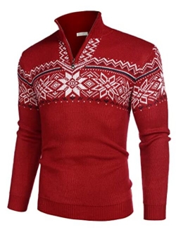 Mens Striped Zip Up Mock Neck Polo Sweater Casual Slim Fit Ribbed Pullover Sweaters