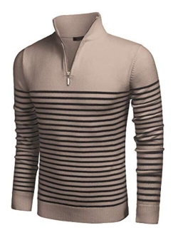 Mens Striped Zip Up Mock Neck Polo Sweater Casual Slim Fit Ribbed Pullover Sweaters