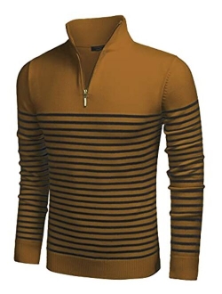 Mens Striped Zip Up Mock Neck Polo Sweater Casual Slim Fit Ribbed Pullover Sweaters