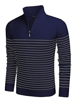 Mens Striped Zip Up Mock Neck Polo Sweater Casual Slim Fit Ribbed Pullover Sweaters