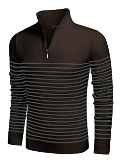 Mens Striped Zip Up Mock Neck Polo Sweater Casual Slim Fit Ribbed Pullover Sweaters