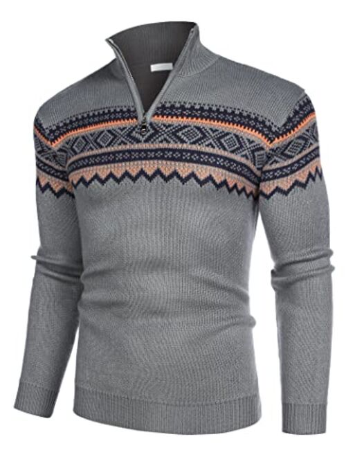 COOFANDY Mens Striped Zip Up Mock Neck Polo Sweater Casual Slim Fit Ribbed Pullover Sweaters