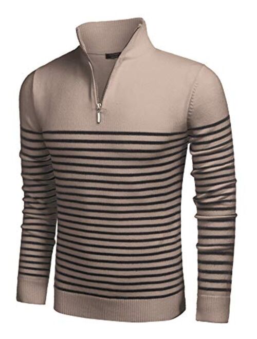 COOFANDY Mens Striped Zip Up Mock Neck Polo Sweater Casual Slim Fit Ribbed Pullover Sweaters