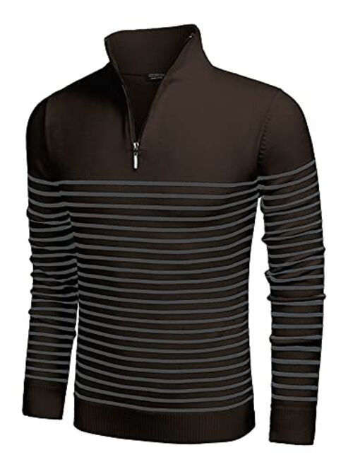 COOFANDY Mens Striped Zip Up Mock Neck Polo Sweater Casual Slim Fit Ribbed Pullover Sweaters