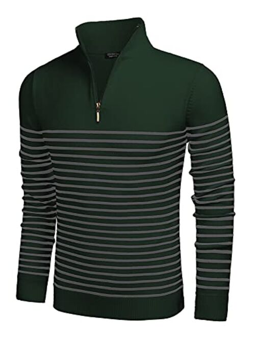 COOFANDY Mens Striped Zip Up Mock Neck Polo Sweater Casual Slim Fit Ribbed Pullover Sweaters