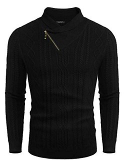 Men's Shawl Collar Sweater Slim Fit Casual Cotton Zip Pullover Cable Knitted Sweaters