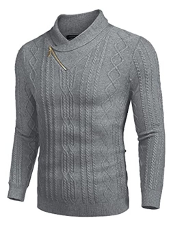 Men's Shawl Collar Sweater Slim Fit Casual Cotton Zip Pullover Cable Knitted Sweaters