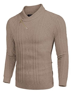 Men's Shawl Collar Sweater Slim Fit Casual Cotton Zip Pullover Cable Knitted Sweaters