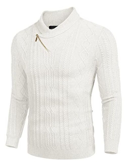 Men's Shawl Collar Sweater Slim Fit Casual Cotton Zip Pullover Cable Knitted Sweaters