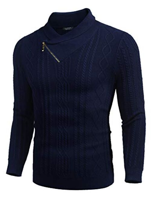 COOFANDY Men's Shawl Collar Sweater Slim Fit Casual Cotton Zip Pullover Cable Knitted Sweaters