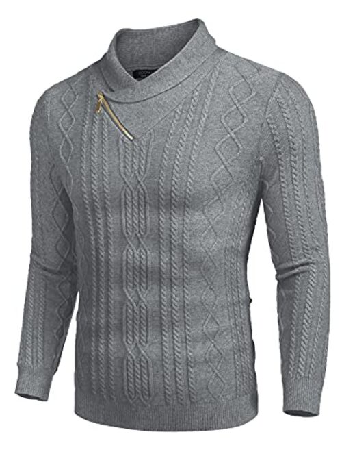 COOFANDY Men's Shawl Collar Sweater Slim Fit Casual Cotton Zip Pullover Cable Knitted Sweaters