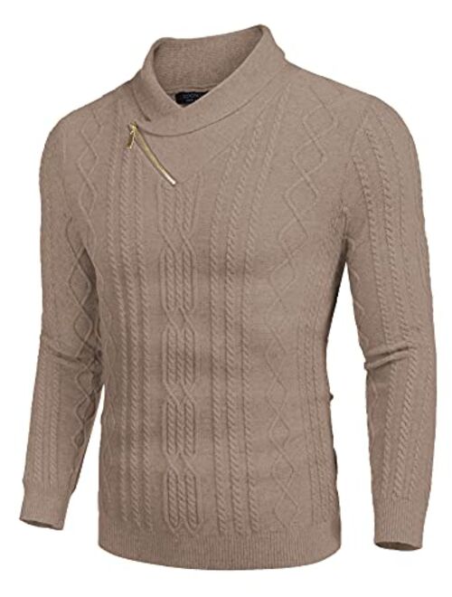 COOFANDY Men's Shawl Collar Sweater Slim Fit Casual Cotton Zip Pullover Cable Knitted Sweaters