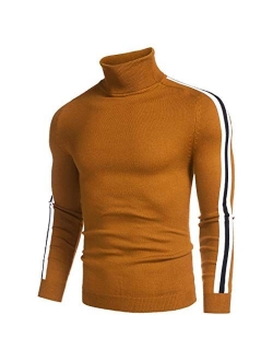 Men's Slim Fit Turtleneck Sweater Casual Knitted Pullover Striped Sweater