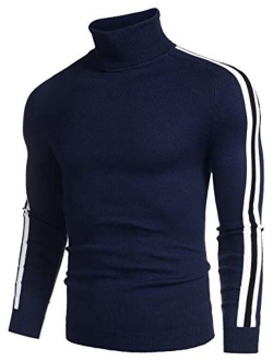 Men's Slim Fit Turtleneck Sweater Casual Knitted Pullover Striped Sweater