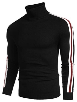 Men's Slim Fit Turtleneck Sweater Casual Knitted Pullover Striped Sweater