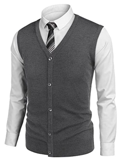 Men's Sweater Vest V Neck Casual Sleeveless Knitted Button Cardigan Vest