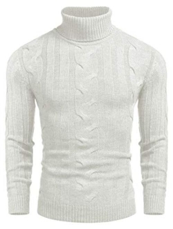 Men's Ribbed Turtleneck Slim Fit Casual Cable Knitted Pullover Sweaters