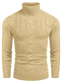 Men's Ribbed Turtleneck Slim Fit Casual Cable Knitted Pullover Sweaters