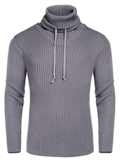 Men's Knitted Turtleneck Pullover Sweater Fall Cowl Neck Drawstring Sweaters