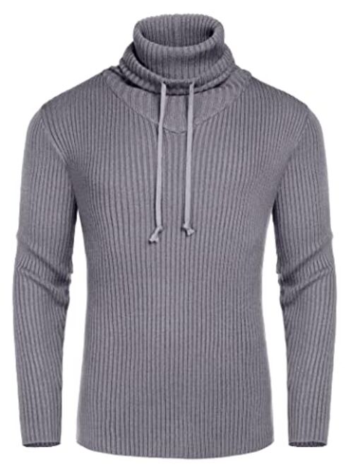 COOFANDY Men's Knitted Turtleneck Pullover Sweater Fall Cowl Neck Drawstring Sweaters