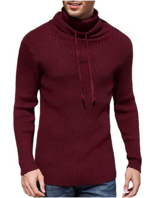 COOFANDY Men's Knitted Turtleneck Pullover Sweater Fall Cowl Neck Drawstring Sweaters