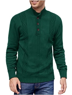 Men's Quarter Button Sweater Slim Fit Cable Knit Mock Neck Pullover Sweaters