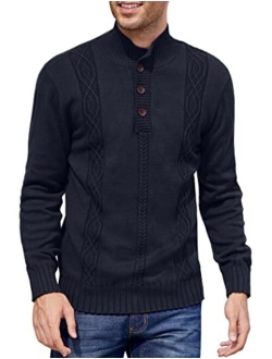 Men's Quarter Button Sweater Slim Fit Cable Knit Mock Neck Pullover Sweaters