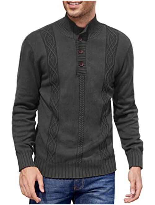 COOFANDY Men's Quarter Button Sweater Slim Fit Cable Knit Mock Neck Pullover Sweaters