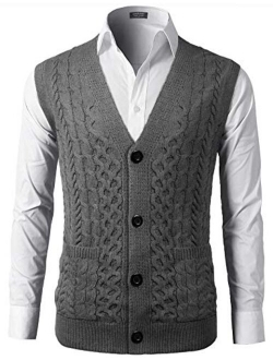 Mens Slim Fit V-Neck Cable Knit Sweater Vest with Front Button