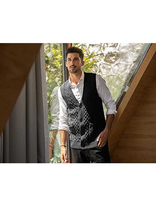 COOFANDY Mens Slim Fit V-Neck Cable Knit Sweater Vest with Front Button