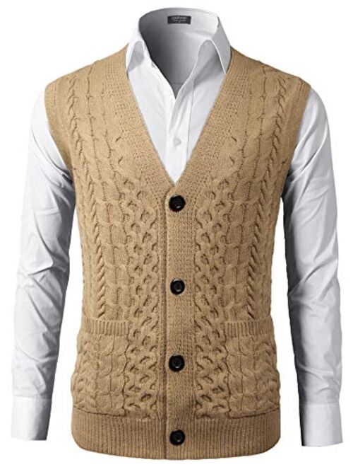 COOFANDY Mens Slim Fit V-Neck Cable Knit Sweater Vest with Front Button