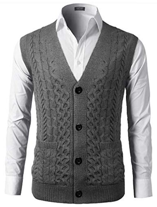 COOFANDY Mens Slim Fit V-Neck Cable Knit Sweater Vest with Front Button