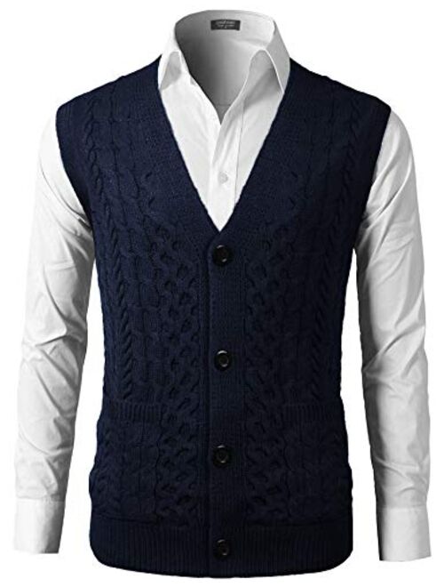 COOFANDY Mens Slim Fit V-Neck Cable Knit Sweater Vest with Front Button