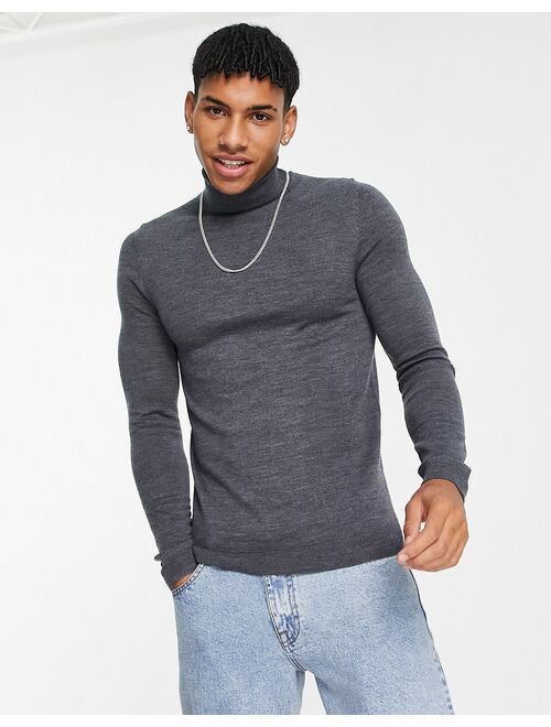 Asos Design Muscle Fit Merino Wool Roll Neck Sweater in Charcoal