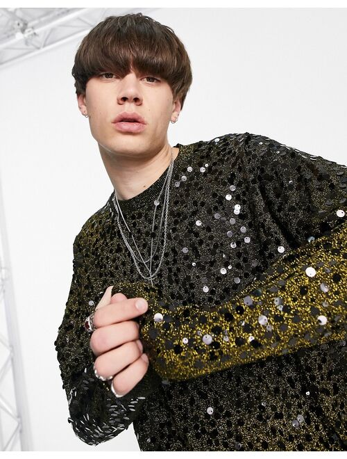 Asos Design knit sequin sweater in black & gold twist yarn