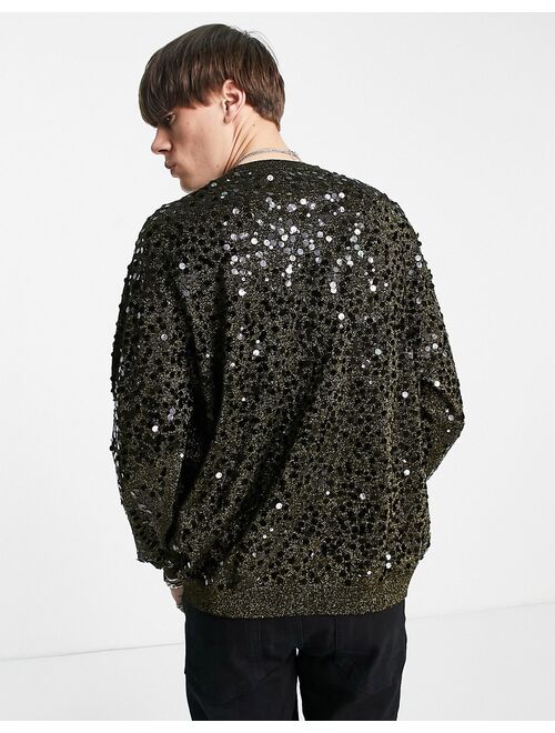 Asos Design knit sequin sweater in black & gold twist yarn